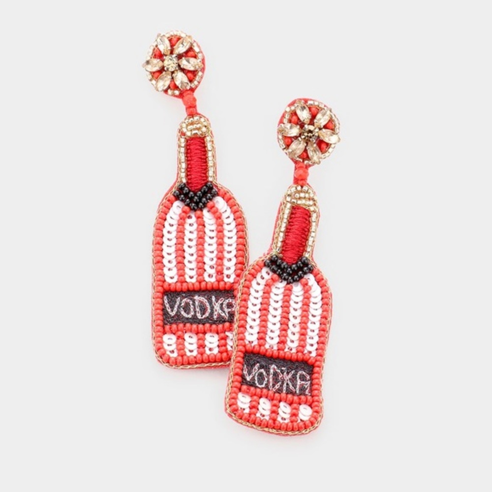 Red and white felt back vodka sequin earrings